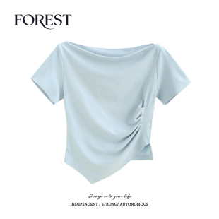 不规则收褶一字领短袖 拾野森 BM风短款 新款 T恤女上衣 夏装