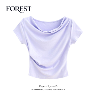 收褶荡领短袖 拾野森 BM风短款 新款 T恤女上衣 夏装