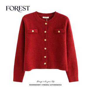 拾野森 冬装新款韩系短款小香风亮丝假口袋长袖圆领毛衣开衫外套