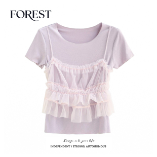 纯欲甜辣荷叶边网纱吊带背心短袖 新款 圆领T恤女上衣 夏装 拾野森