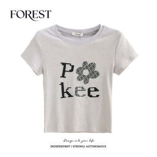 字母贴布刺绣圆领短袖 拾野森 bm风短款 新款 T恤女上衣小个子 夏装