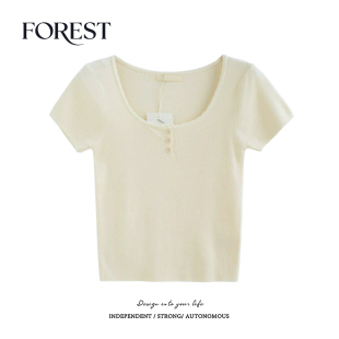 夏装 U领针织衫 新款 镂空短袖 上衣小个子 纯欲甜辣短款 拾野森