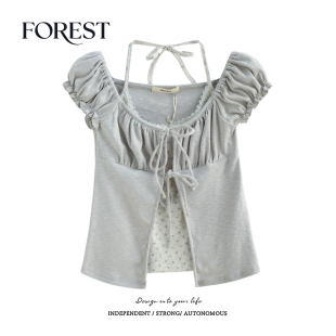 假两件碎花挂脖蝴蝶结短袖 拾野森 纯欲甜辣短款 新款 T恤女上衣 夏装