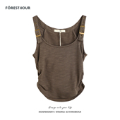 夏装 新款 废土风美式 拾野森 复古辣妹短款 收褶弧形连帽背心上衣女