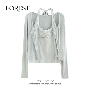 春装 开衫 新款 波点蕾丝挂脖背心长袖 两件套 纯欲甜辣短款 拾野森