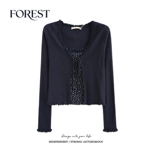 春装 针织开衫 新款 碎花蕾丝花边吊带背心长袖 两件套 短款 拾野森