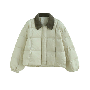 拾野森 冬装新款韩系宽松短款抽绳灯芯绒翻领白鸭绒羽绒服外套