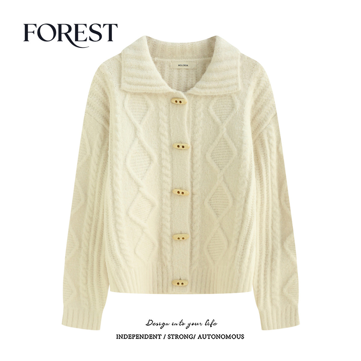 拾野森冬装新款韩版复古慵懒风加厚麻花木扣翻领长袖毛衣开衫外套,女装/女士精品,毛衣,淘宝优惠券,粉丝福利购,淘宝优惠卷