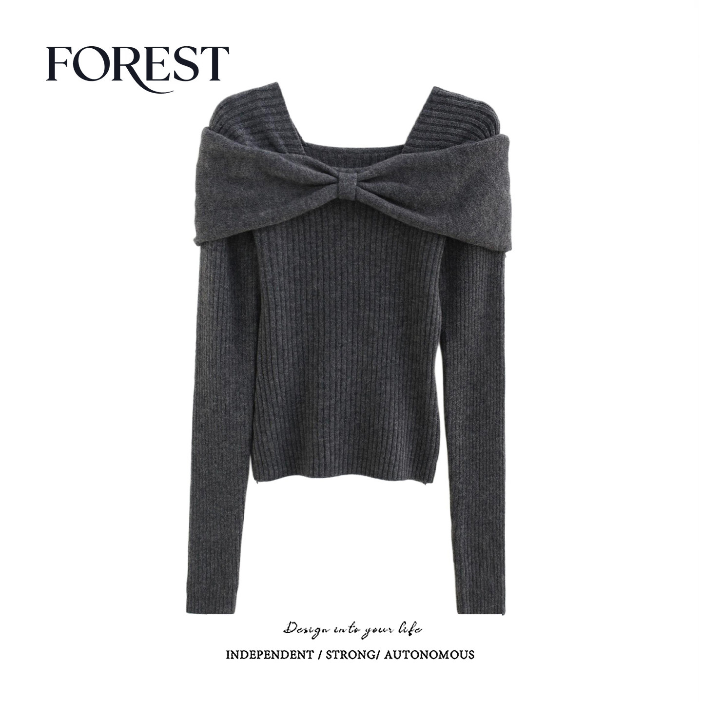 拾野森 冬装新款韩系短款蝴蝶结一字肩长袖套头毛衣上衣