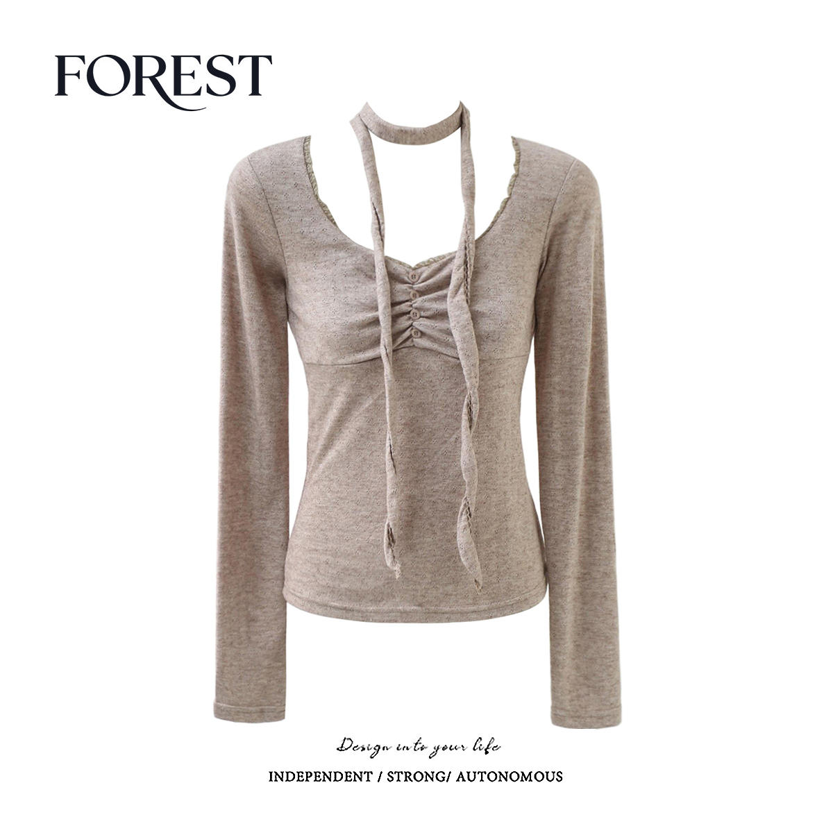 拾野森短款蕾丝花边围脖上衣