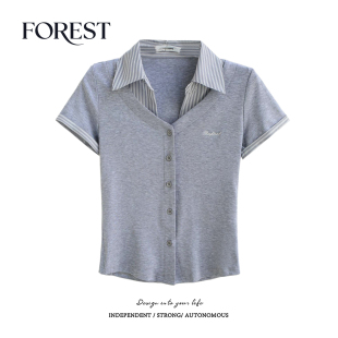 夏装 衬衫 新款 假两件刺绣V领条纹短袖 女上衣 韩系学院风短款 拾野森