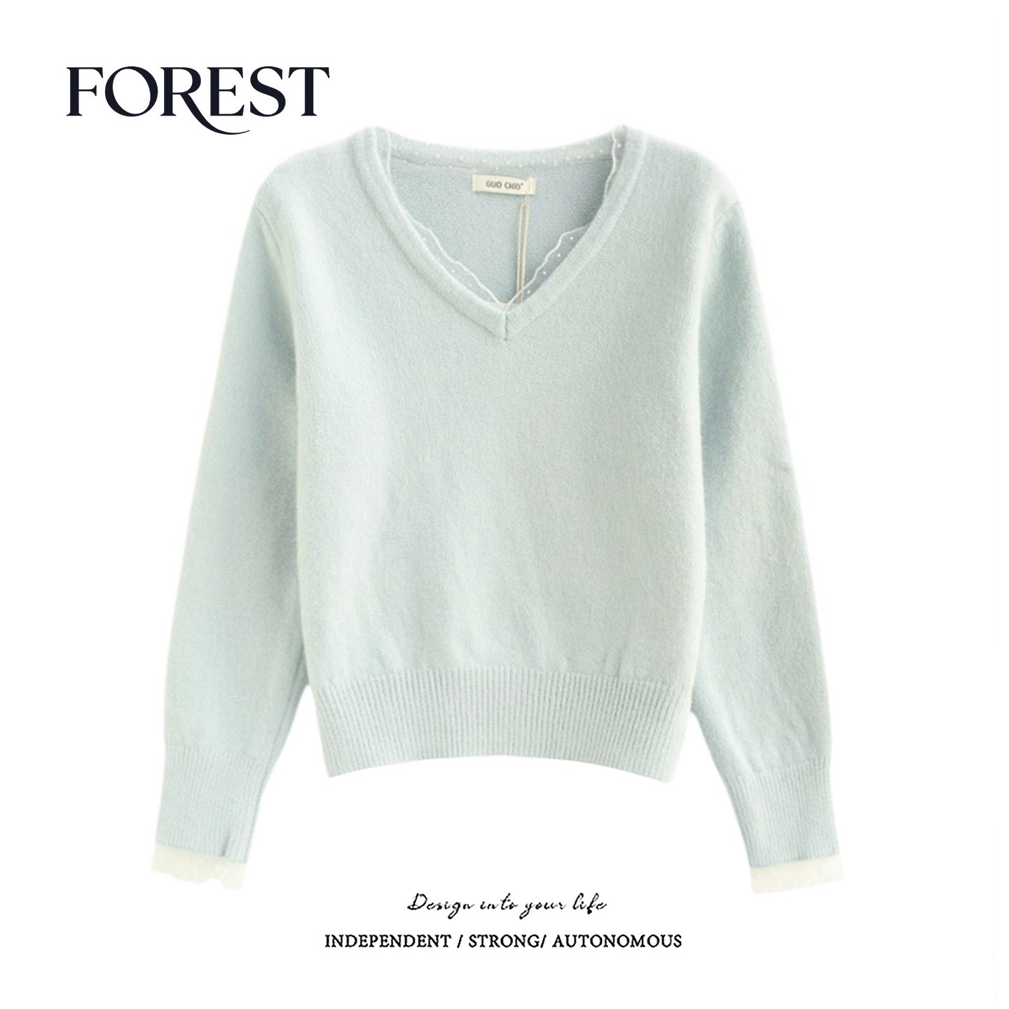 拾野森 冬装新款韩系短款网纱波点V领长袖套头毛衣上衣,女装/女士精品,毛衣,淘宝优惠券,粉丝福利购,淘宝优惠卷