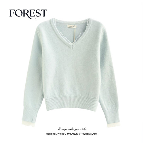 拾野森网纱波点V领毛衣