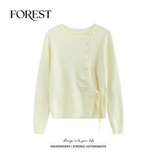 不退不换 2件5折 短款 蕾丝花边侧绑带长袖 套头上衣 针织衫 清仓