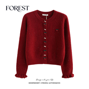 冬装 圆领毛衣开衫 新款 亮片蝴蝶结扣樱桃长袖 外套 新年短款 拾野森