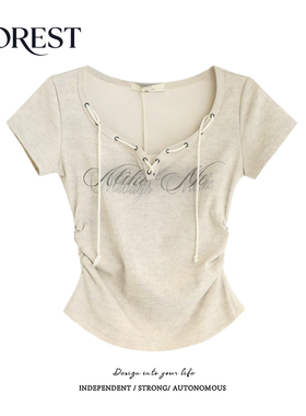 拾野森 夏装新款美式复古辣妹短款收褶弧形字母印花系绳短袖上衣