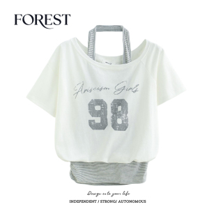 复古辣妹短款 拾野森 美式 新款 假两件条纹印花挂脖斜领T恤上衣 夏装