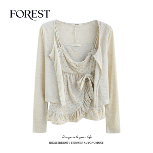 开衫 纯欲甜辣碎花荷叶边蝴蝶结吊带背心长袖 两件套 新款 拾野森春装