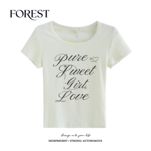 字母印花钉珠圆领短袖 拾野森 bm风短款 新款 T恤女上衣 夏装