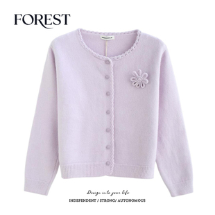 拾野森冬装新款韩版加厚亮丝太阳花胸针手钩花边圆领毛衣开衫外套