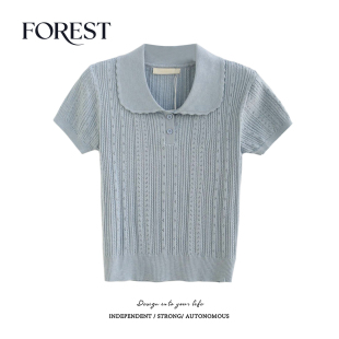 复古甜美短款 新款 镂空麻花娃娃领短袖 针织衫 拾野森 上衣开衫 夏装