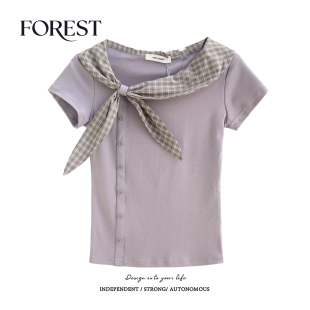 夏装 单排扣格子蝴蝶结荷叶领短袖 新款 短款 T恤上衣 bm风美式 拾野森