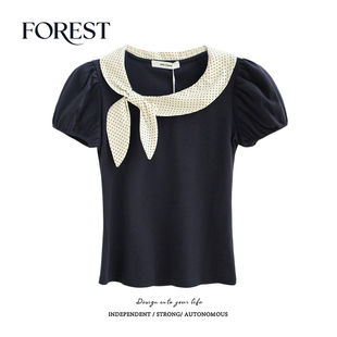 夏装 波点蝴蝶结荷叶领短袖 新款 复古短款 T恤女上衣 bm风美式 拾野森