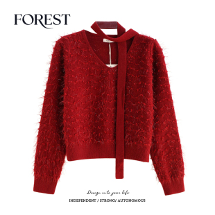 毛球亮丝围脖长袖 拾野森 韩系新年短款 新款 V领套头毛衣上衣 冬装