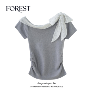 法式 新款 小众短款 收褶波点蝴蝶结斜领短袖 上衣 拾野森 针织衫 夏装