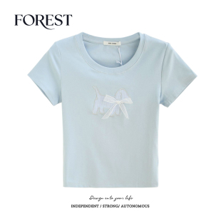 格子狗狗贴布网纱蝴蝶结圆领短袖 拾野森 bm风短款 新款 T恤上衣 夏装