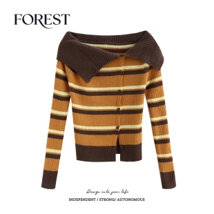 不退不换 2件5折 古短款 条纹单排扣翻领长袖 女上衣 针织衫 清仓