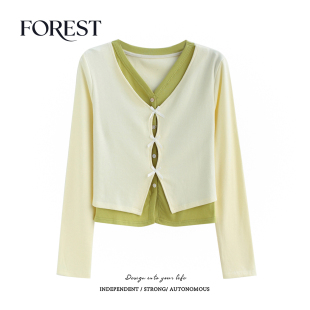 假两件蝴蝶结长袖 拾野森 纯欲甜辣短款 新款 V领T恤上衣 春装