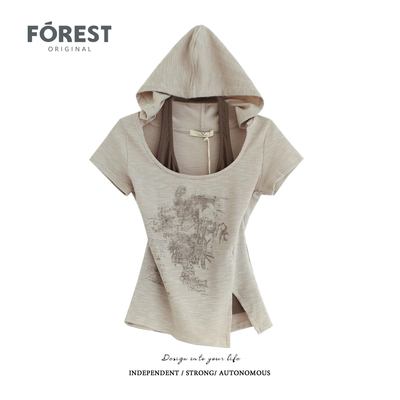 拾野森短款假两件印花连帽上衣