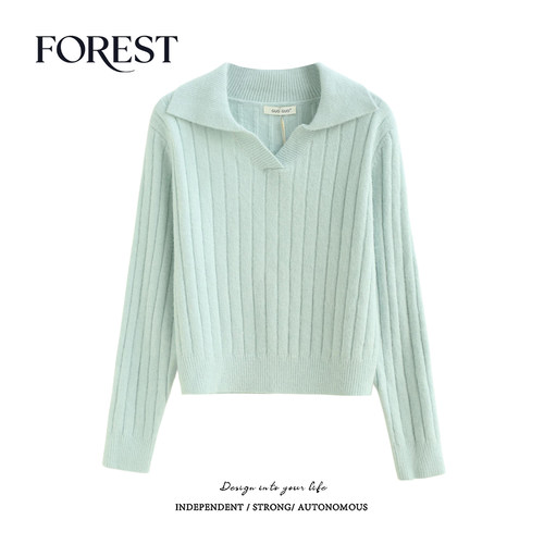 拾野森短款条纹翻领针织衫毛衣