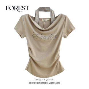 夏装 假两件字母钉珠挂脖短袖 新款 复古辣妹短款 上衣 美式 拾野森