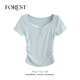 收褶蕾丝花边假两件短袖 拾野森 纯欲甜辣短款 新款 U领上衣T恤 夏装