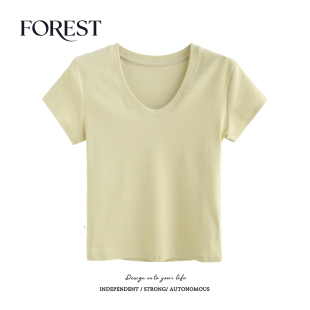 BM风基础款 新款 短款 U领短袖 拾野森 T恤女上衣打底衫 夏装