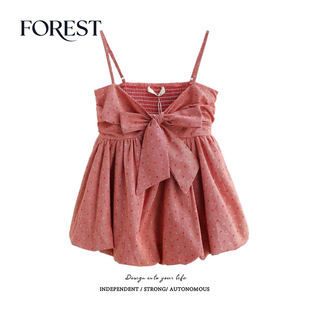 拾野森 夏装新款法式小众设计感高腰花苞格子蝴蝶结吊带背心上衣