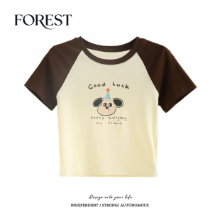 夏装 短袖 新款 印花插肩袖 圆领T恤女上衣小个子 BM风短款 拾野森