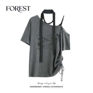 美式 新款 复古辣妹宽松抽绳印花吊带斜领围脖T恤女上衣 夏装 拾野森