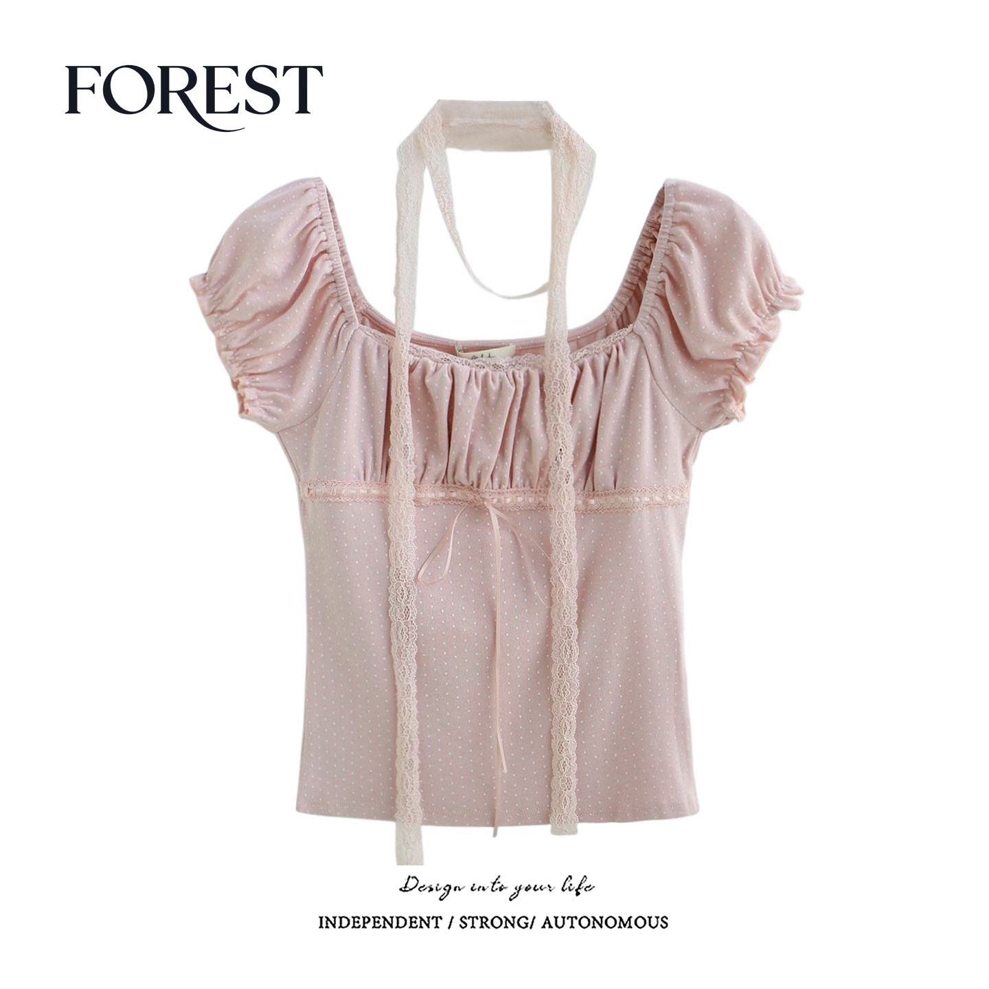 拾野森 夏装新款纯欲甜辣短款波点蕾丝花边系绳围脖短袖上衣T恤