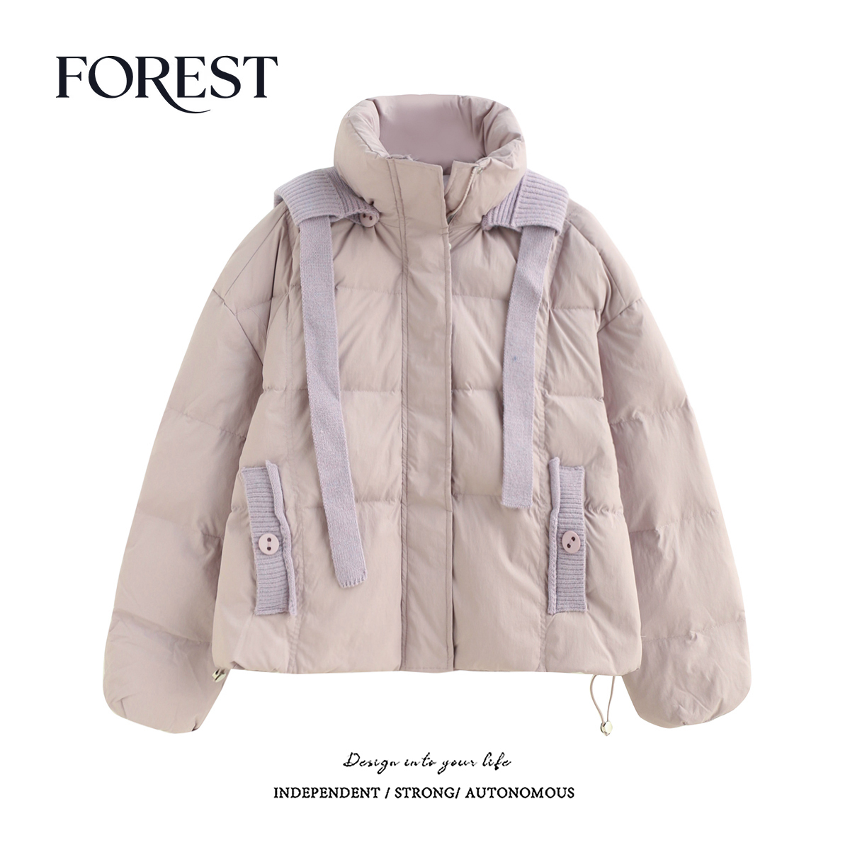 拾野森短款抽绳针织连帽羽绒服