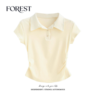 收褶翻领短袖 拾野森 BM风短款 新款 T恤女上衣小个子 夏装