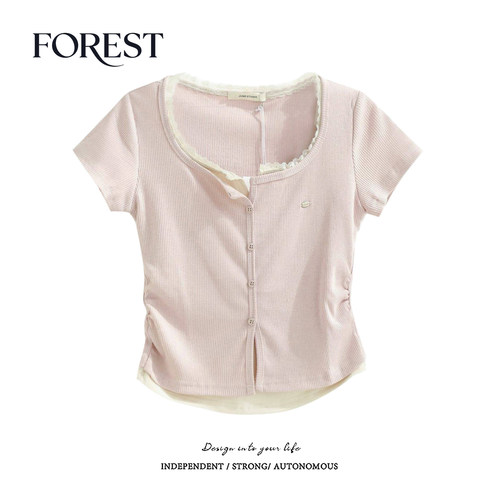 拾野森短款假两件蕾丝U领上衣