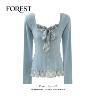 假两件格子木耳边蝴蝶结U领长袖 不退不换 2件5折 针织衫 清仓