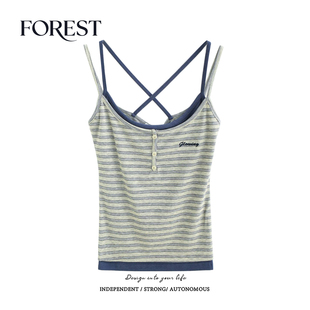 拾野森 新款 纯欲甜辣短款 假两件条纹刺绣美背交叉吊带背心 夏装