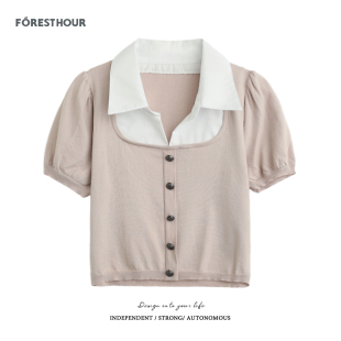 不退不换 2件5折 假两件U领短袖 针织衫 上衣 女衬衫 清仓