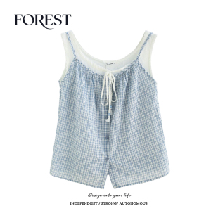 田园小清新短款 新款 假两件格子蕾丝花边系绳吊带背心 夏装 拾野森