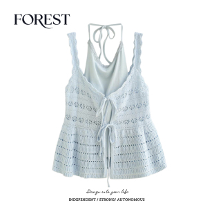 夏装 开衫 新款 蕾丝花边挂脖背心镂空针织衫 纯欲甜辣短款 拾野森