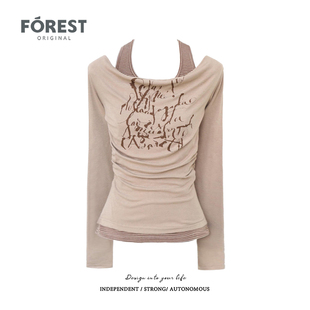 复古辣妹收褶印花假两件条纹挂脖长袖 拾野森 美式 新款 上衣 秋装